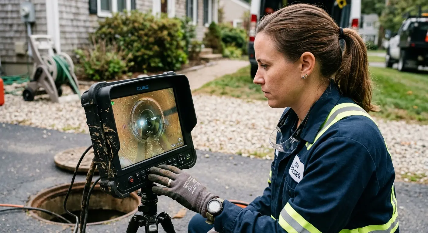 Technician reviewing sewer camera inspection footage in Pflugerville