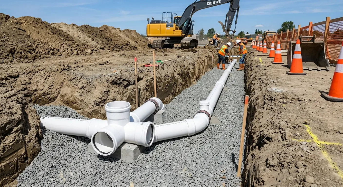 New PVC sewer pipe installation in open trench for Grease Trap Cleaning in Pflugerville