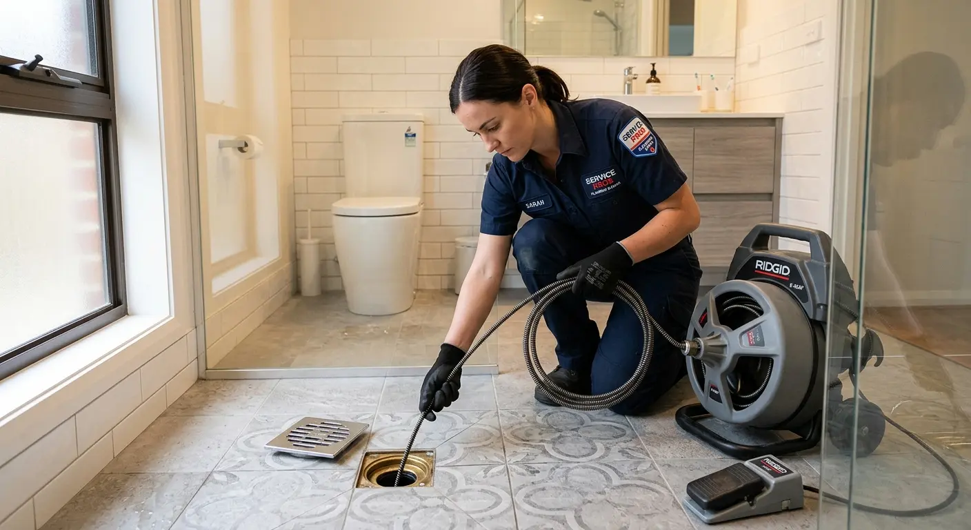 Technician clearing a bathroom floor drain for Sewer Line Replacement in Pflugerville